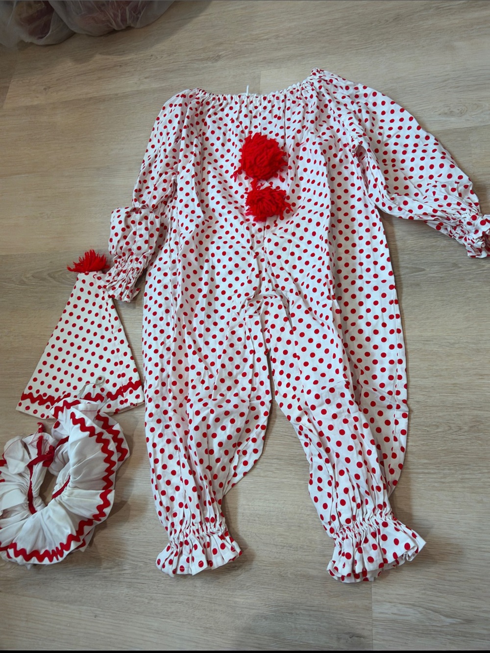 Vtg 90s Handmade Child Clown Halloween Costume Red White Polka Dots Hat Pom